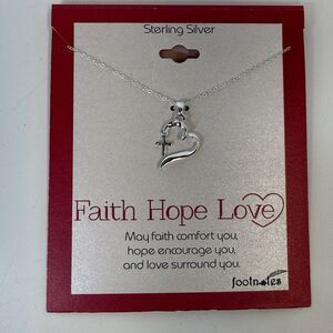 Footnotes Sterling Silver FAITH HOPE LOVE Dangle Cross In Heart Necklace New